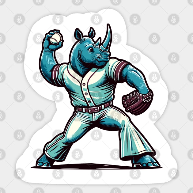 Throwback rhino pitcher - Vintage 1990s Cartoon Style Baseball Art Sticker by TimeWarpWildlife